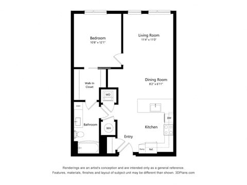 Floor plan for 1 bed, 1 bath, 761 sqft